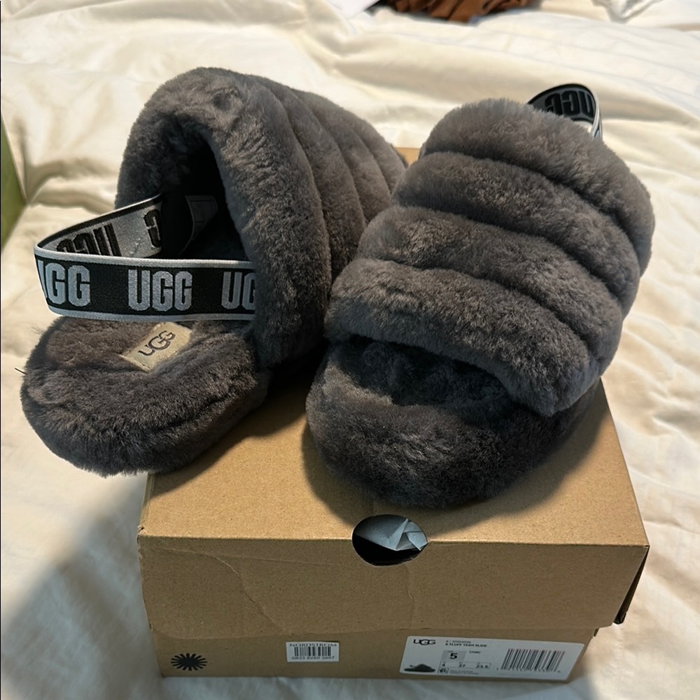 UGG Gray Fluffy Slippers